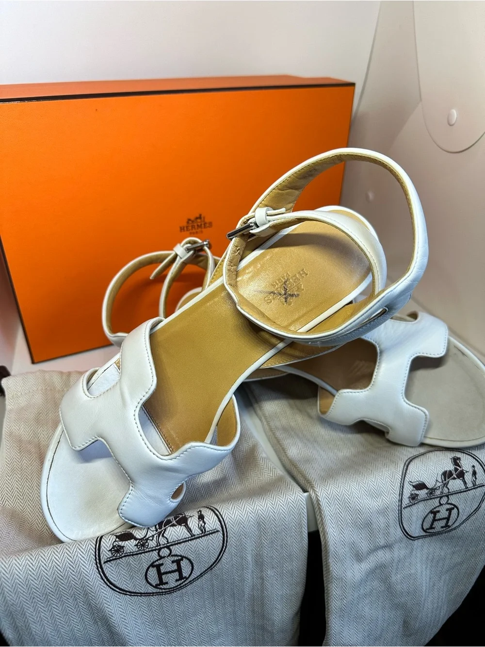 Hermes White Leather Platform Sandals